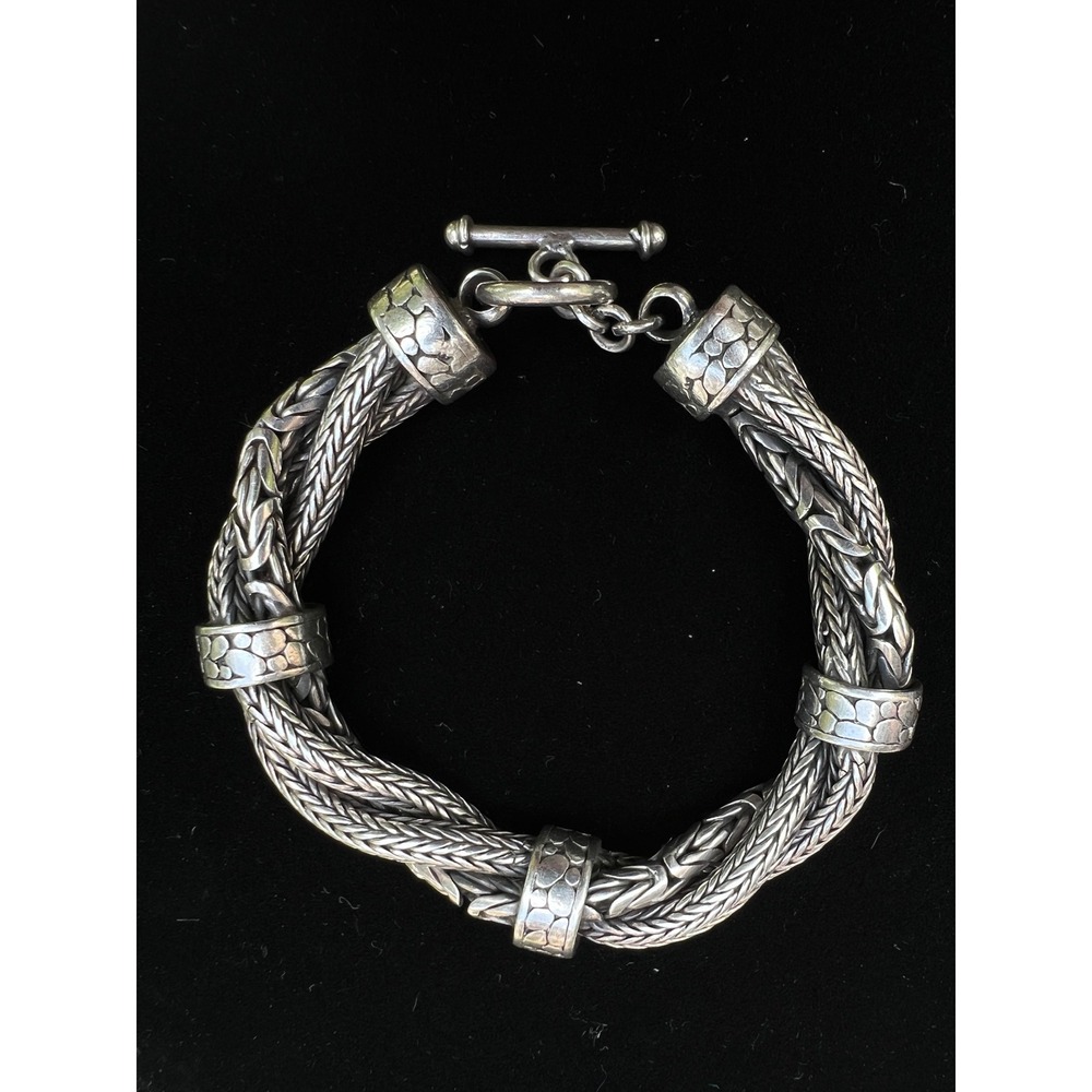 VTG Bali 925 SS 3-Strand Mixed Chain Twisted Rope Toggle Bracelet 8"